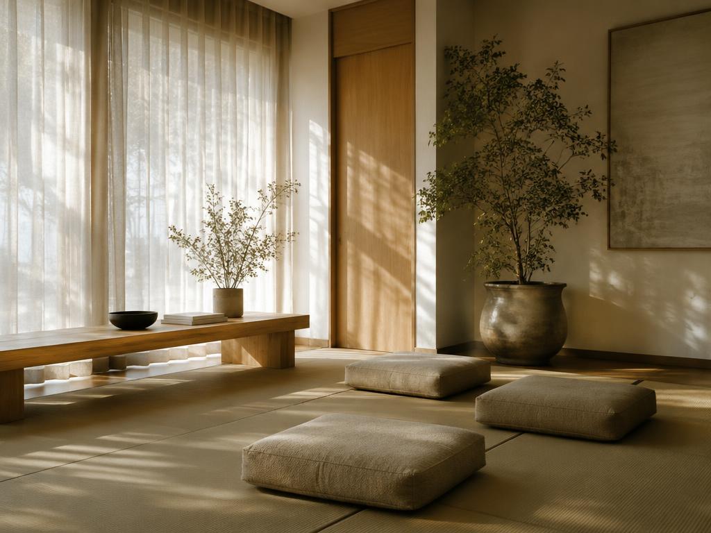 Sala de meditação do LabRegenera: almofadas no chão, banco de madeira, luz suave filtrada por cortinas de linho